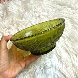 Vintage 1975 FTD Indiana Green Pressed Glass Bowl Textured Art Deco Midcentury